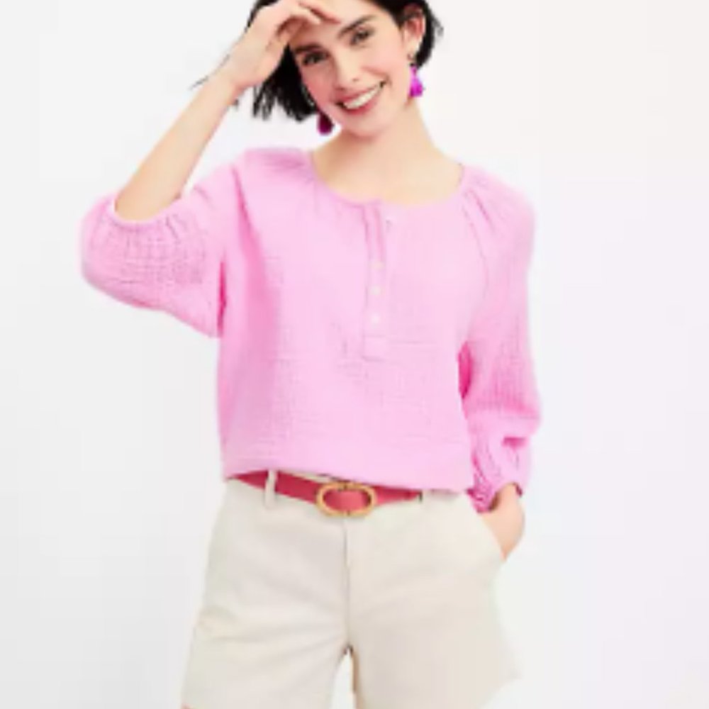 Ann Taylor Loft Pink Henley Blouse, Size Small